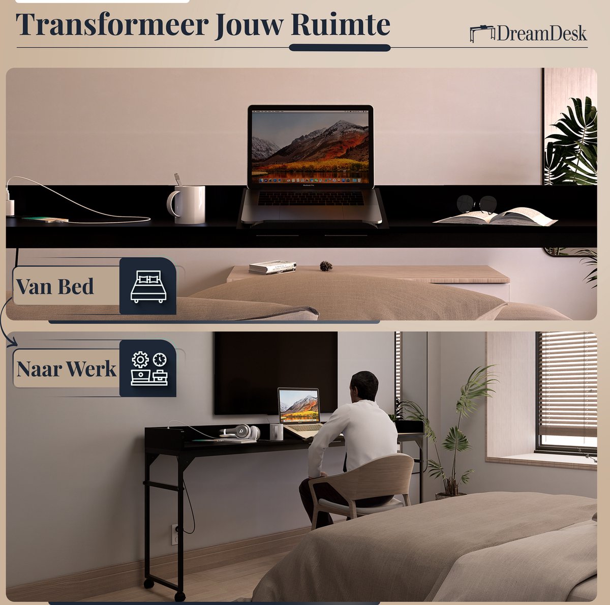 DreamDesk Bedtafel Op Wielen Verstelbare Tafel Voor Over Bed Bed Tafel - 213 cm - Bedtafels