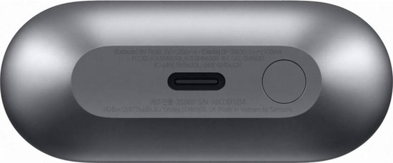 Onderkant van de grijze Samsung Galaxy Buds3 Pro oplaadcase met productinformatie.