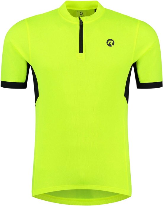 Maillot de cyclisme jaune fluo à manches courtes, accents noirs et fermeture éclair sur le devant. Logo Rogelli sur la poitrine.
