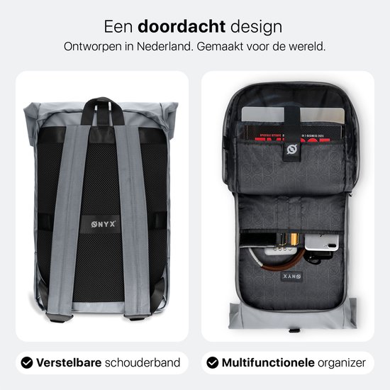 Grijze ONYX rugzak, achterkant met gewatteerde schouderbanden en binnenkant met laptopvak en organizer.