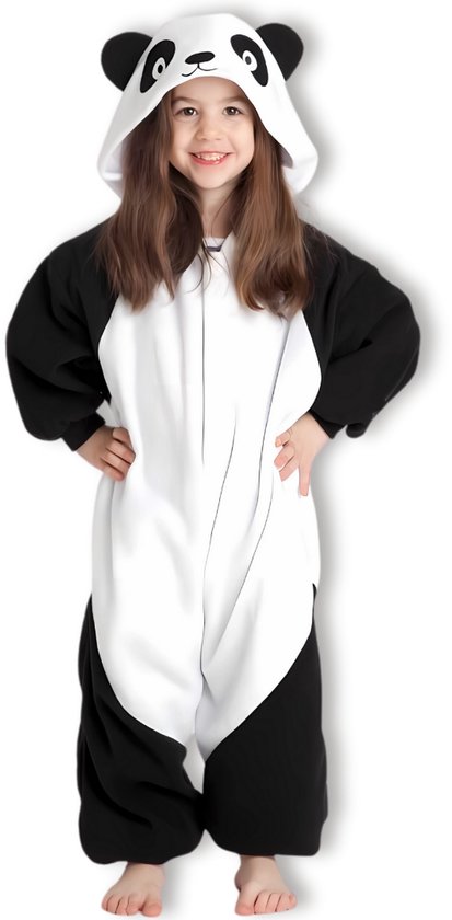 BoefieBoef Kinder Onesie Panda – Peuter & Kleuter Pyjama 2-5 Jaar – Fluffy Dieren Verkleedpak – Warme Flanel Jumpsuit met Capuchon – Knuffelpak & Huispak – Zwemles – Carnaval, Halloween & Sinterklaas Cadeau – Jongens & Meisjes 95-110 cm - Zwart Wit