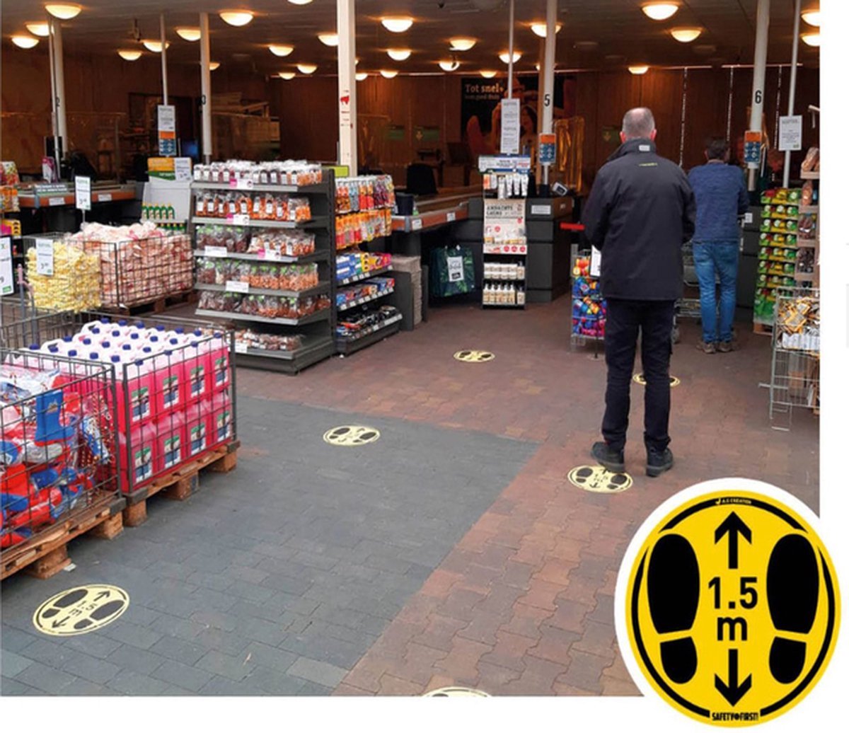 Vloersticker houd afstand geel/zwart Ø350mm voor gladde vloeren