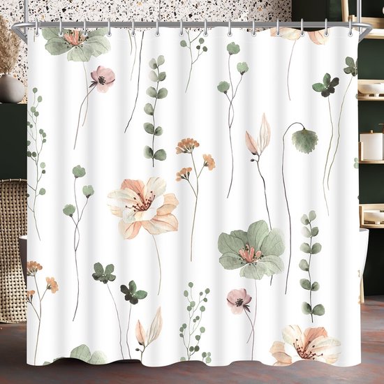 LIVILAN Bloemen Douchegordijn, Kleurrijke Bloemen Stof Badkamer Gordijnen Set met Haken Bloesom Badkamer Decor Inches Machine Wasbaar (72x78