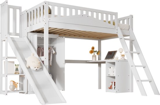 Lit mezzanine Sweiko - 90x200 cm - avec table + armoire + toboggan - Pin + MDF - Wit