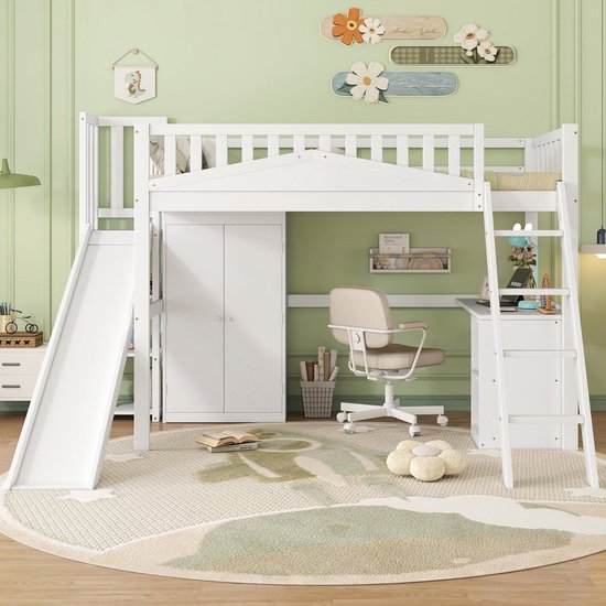 Lit mezzanine Sweiko - 90x200 cm - avec table + armoire + toboggan - Pin + MDF - Wit