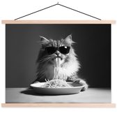Posterhanger incl. Poster 120x90 cm - Schoolplaat - Langharige kat - Zonnebril - Spaghetti - Humor - Zwart - wit - Textielposter - Blanke latten
