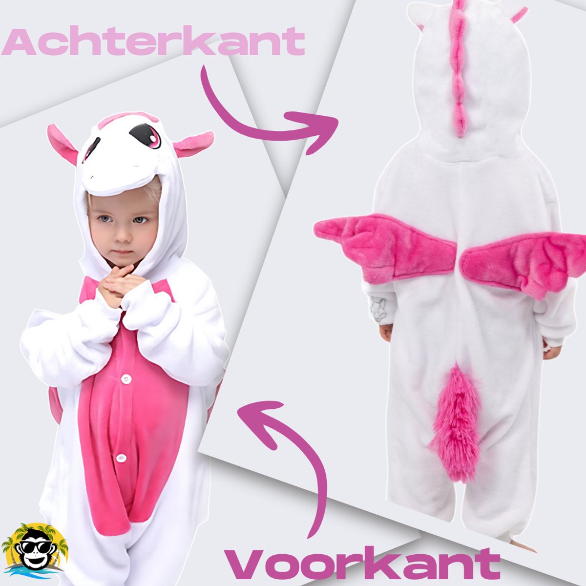 BoefieBoef Kinder Onesie Unicorn – Peuter & Kleuter Pyjama 2-5 Jaar – Dieren Verkleedpak – Flanel Jumpsuit met Capuchon – Knuffelpak & Huispak – Zwemles – Carnaval, Halloween & Sinterklaas Cadeau – Jongens & Meisjes 95-110 cm - Eenhoorn Roze Wit — afbeelding 5