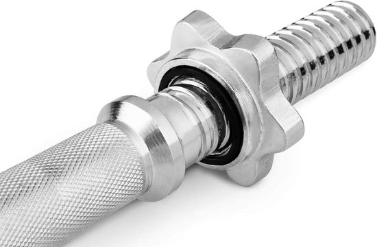 Detail van zilveren halterstang met schroefdraad en zeskantige sluiting.