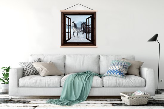 Posterhanger incl. Poster 120x120 cm - Schoolplaat - Paarden - Winter - Dieren - Natuur - Doorkijk - Textielposter - Blanke latten