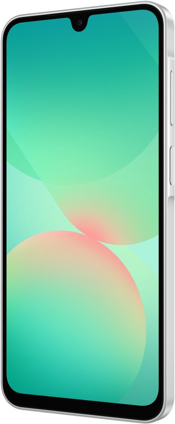 Witte Samsung smartphone, schuin van voren getoond, met een druppelvormige inkeping.