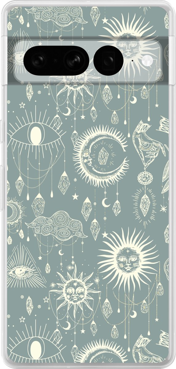 Telefoonhoesje Geschikt voor Google Pixel 7 Pro hoesje - Boho - Print - Blauw - Zon - Ogen - Zen - Siliconen Telefoonhoesje Telefoonhoesje