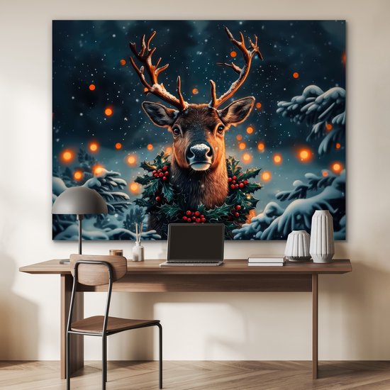 Tableau aluminium 160x120 cm - Décoration murale métal - Cerf - Noël - Hiver - Neige - Couronne de Noël - Décoration murale métal salon - Décoration industrielle - Photo sur dibond - Accessoires industriels chambre