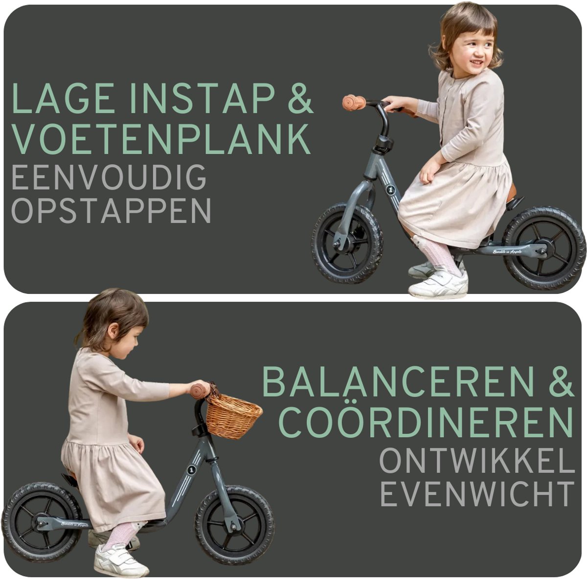 Bandits & Angels Metalen Loopfiets Met Mandje Starter Grijs met Voetenplank vanaf 2 Jaar - Limited Edition - Grijze Loop Fiets - Verstelbaar Zadel 29 tot 39 cm - Voor Jongens en Meisjes - Compact en Veilig - Lage Instap met Voetenplank — afbeelding 10