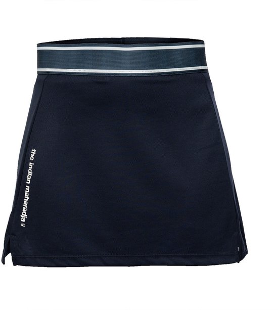 Donkerblauwe skort voor dames met elastische band met strepen. Tekst 'the Indian maharadja'.