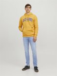 Model draagt een gele hoodie met 'JACK & JONES' tekst en lichtblauwe slim fit jeans.
