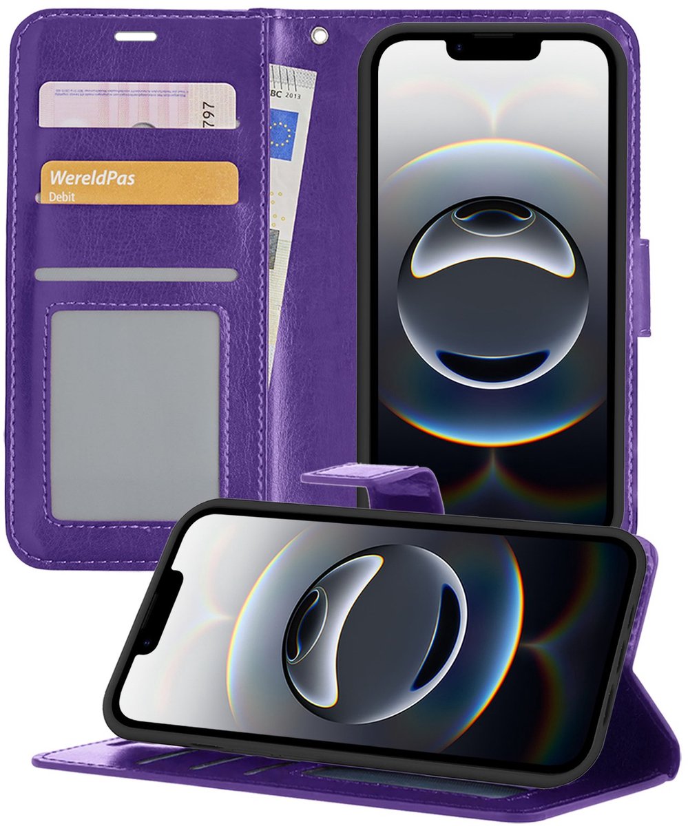Hoesje - Geschikt voor Apple iPhone 16e / 17e - Luxe Bookcase - Walletcase Hoes - Portemonnee - Cover - Telefoonhoes - Paars