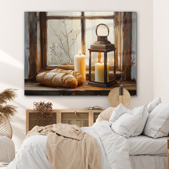 MuchoWow® Peinture sur verre 160x120 cm - Peinture sur verre acrylique - Nature morte - Rustique - Bougies - Pains - Fenêtre - Photo sur verre - Décoration murale salon - Décoration murale chambre - Peintures