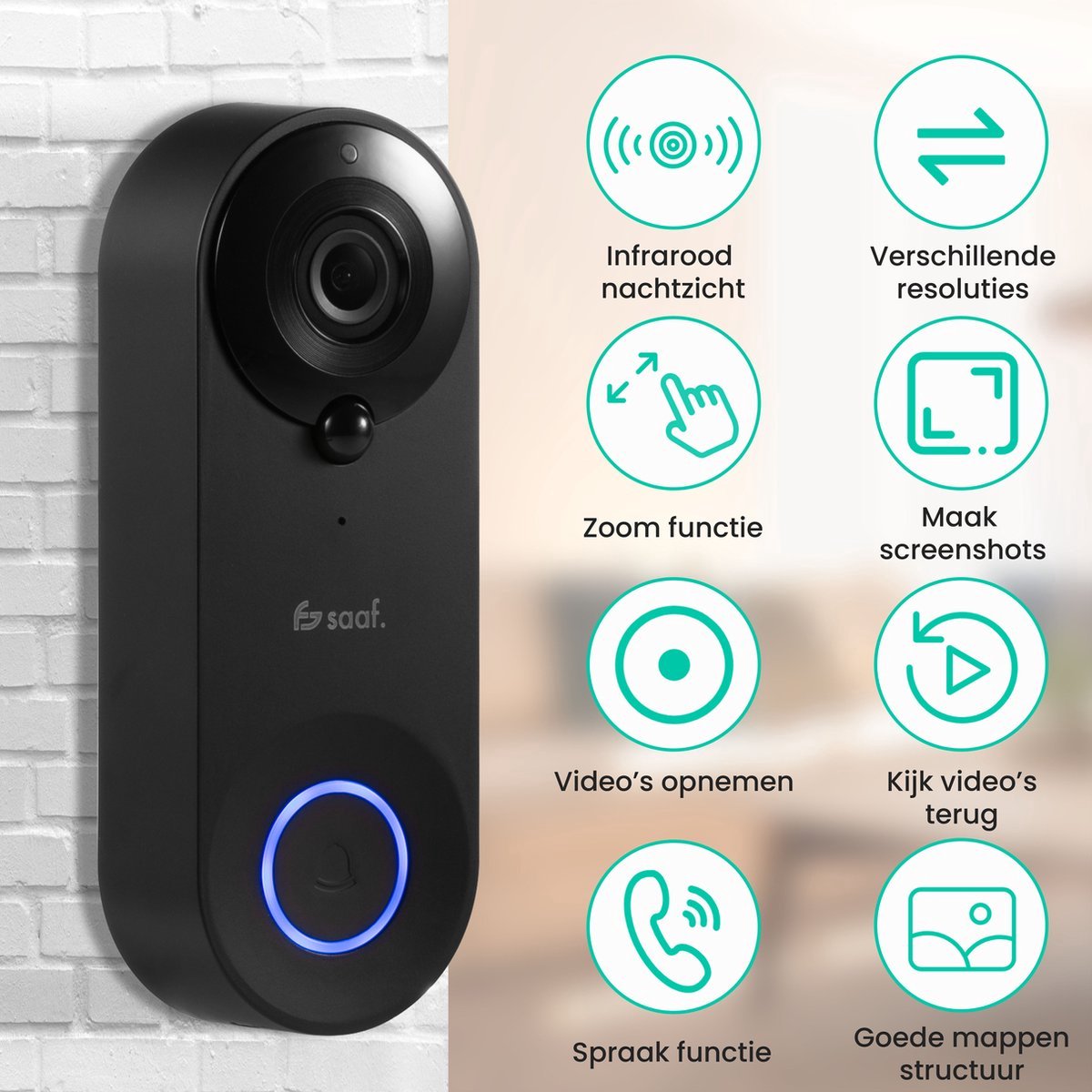 Afbeelding 2 van Video Deurbel met Camera - Inc. Gong & 128GB SD - Draadloos - Slimme Deurbel - Gratis App - Zwart - van Saaf