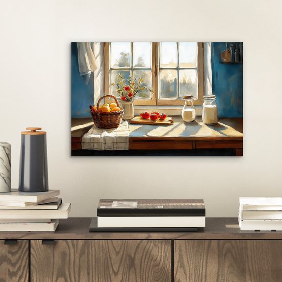 Schilderij van een stilleven met fruit, tomaten en melk bij een zonnig raam, hangend boven een kast.