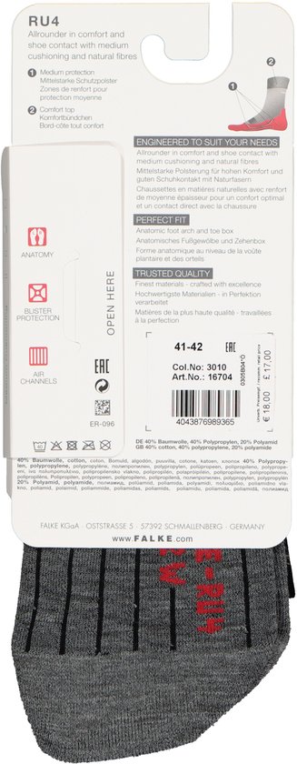 Achterkant van Falke RU4 verpakking met productinformatie en een grijze sok met zwarte strepen.