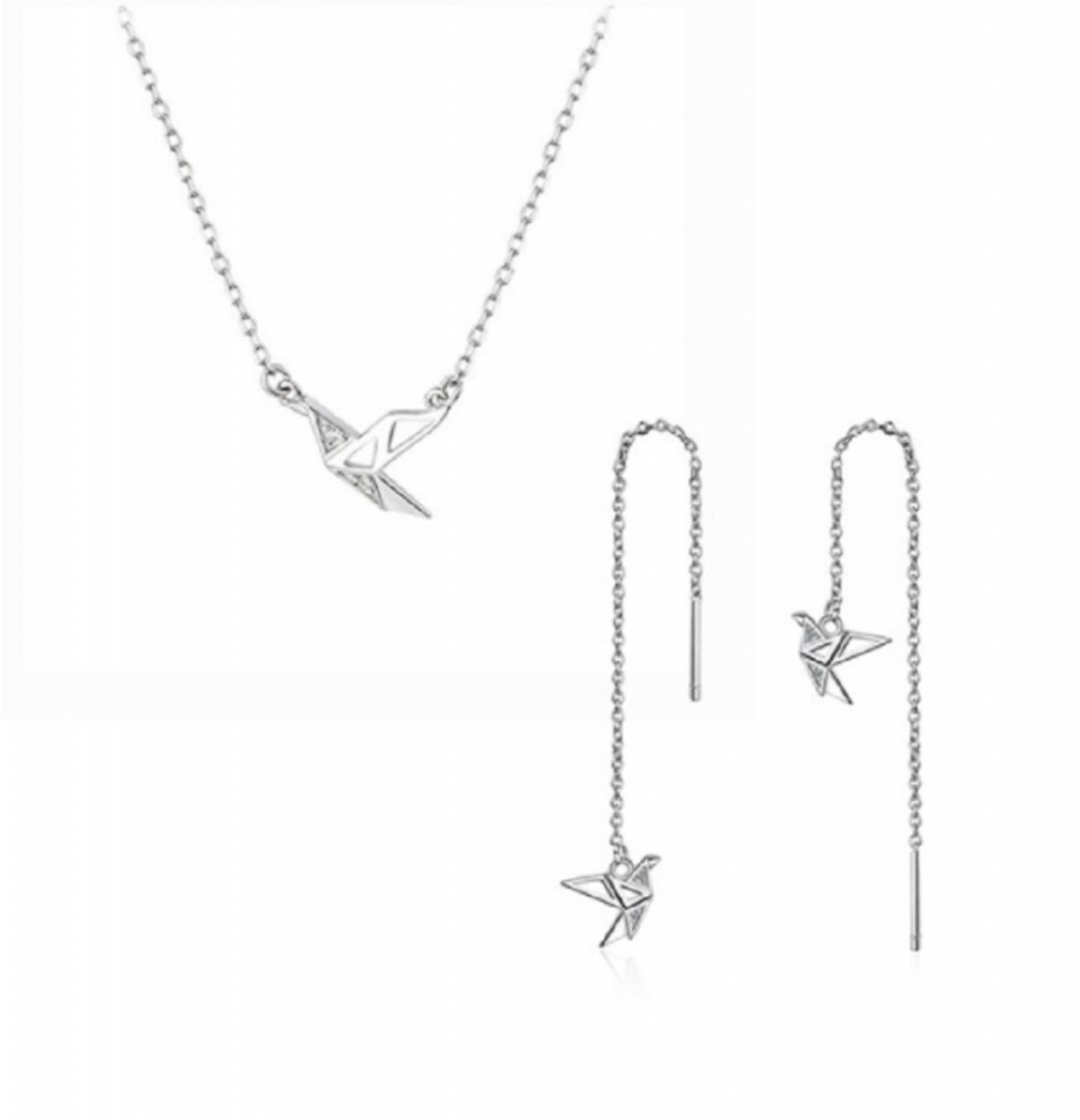 zilveren set -ketting- oorbellen -origami -vogel-Charme Bijoux