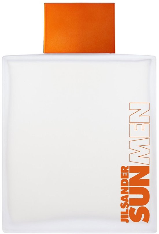 Doorzichtige flacon Jil Sander Sun Men met oranje dop en oranje opdruk "JIL SANDER SUNMEN".