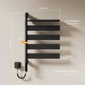 Zwarte handdoekradiator 76x45cm, 180° draaibaar, met plank (41x13x2cm) en muurafstand 14cm.