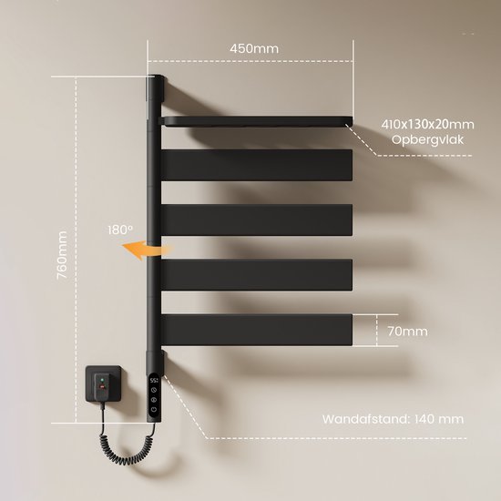 Zwarte handdoekradiator 76x45cm, 180° draaibaar, met plank (41x13x2cm) en muurafstand 14cm.