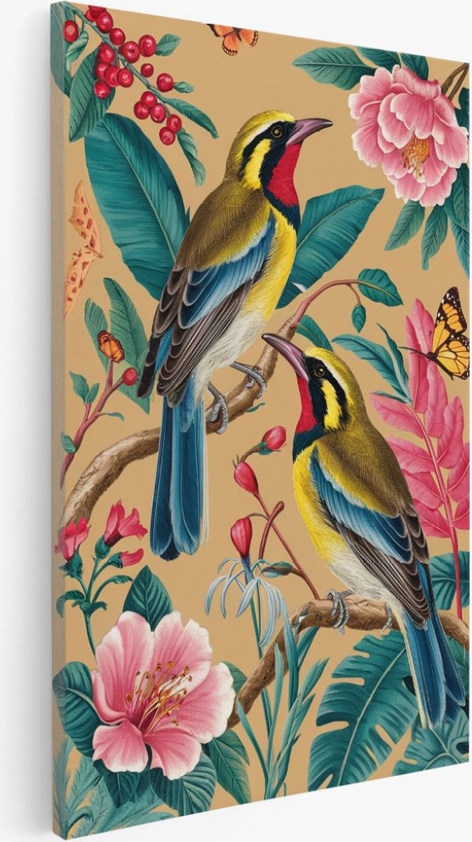 Saammp Canvas Schilderij - 2 Vogels tussen de bloemen - 75x100 - Foto op canvas - Wanddecoratie - Muurdecoratie Woonkamer - Kantoor Decoratie Multicolor