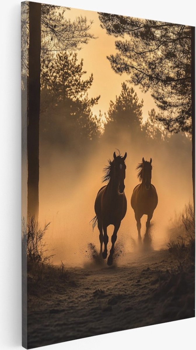 Saammp Canvas Schilderij - 2 Paarden in galop - Dieren - Natuur - 60x90 - Foto op canvas - Wanddecoratie - Muurdecoratie Woonkamer - Slaapkamer decoratie - Canvas Print Multicolor