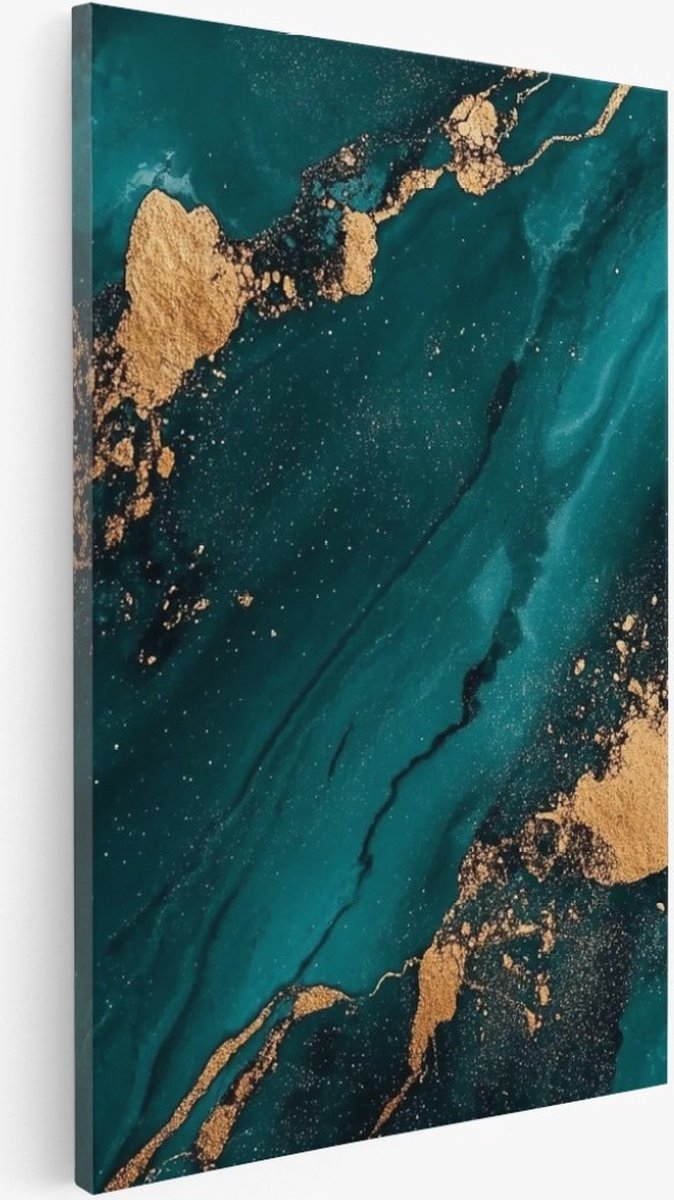 Saammp Canvas Schilderij - Turqoise Goud marmer - Abstract - 100x150 - Foto op canvas - Wanddecoratie - Muurdecoratie Woonkamer - Slaapkamer decoratie - Canvas Print Multicolor