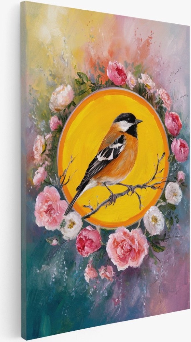 Saammp Canvas Schilderij - Bloemen - Vogel - Abstract - 40x50 - Foto op canvas - Wanddecoratie - Muurdecoratie Woonkamer - Kantoor Decoratie Multicolor