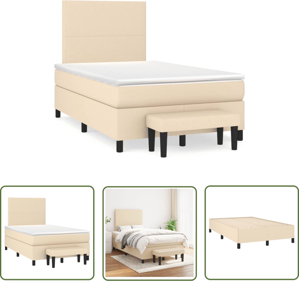 The Living Store Boxspring met matras stof crèmekleurig 120x190 cm - Boxspring - Tweepersoonsbed - Bed Frame - Creme Kleur - Houten Bed