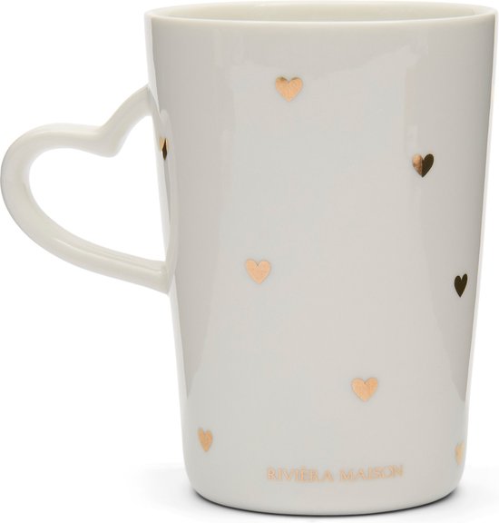 Riviera Maison Theemok hartjes Wit, Goud - Love Mok - Porselein - 280ml - (LxBxH) 11x8x6