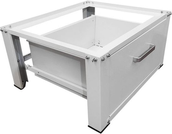 Witte IVOL wasmachine verhoger met een open lade, schuine voorpoten en rechthoekige achterpoten.