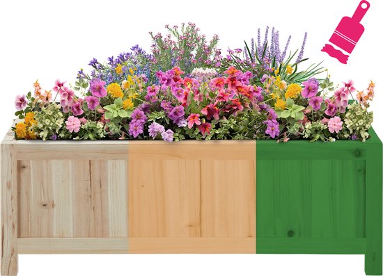 Houten plantenbak met drie kleurvlakken (licht hout, goudbruin, groen) en bloemen.