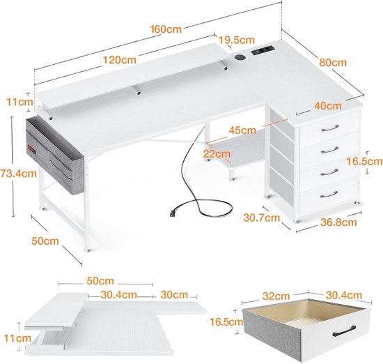 L-vormig Hoekbureau, Uitschuifbaar Bureau Met 2 Lades - 135 X 55 X 76 Cm Mdf Hout Naturel Wit