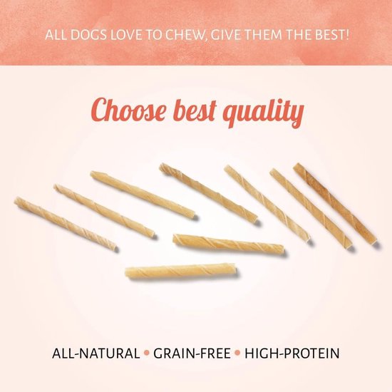 Meerdere gedraaide kauwstaafjes, allemaal natuurlijk, glutenvrij en eiwitrijk.