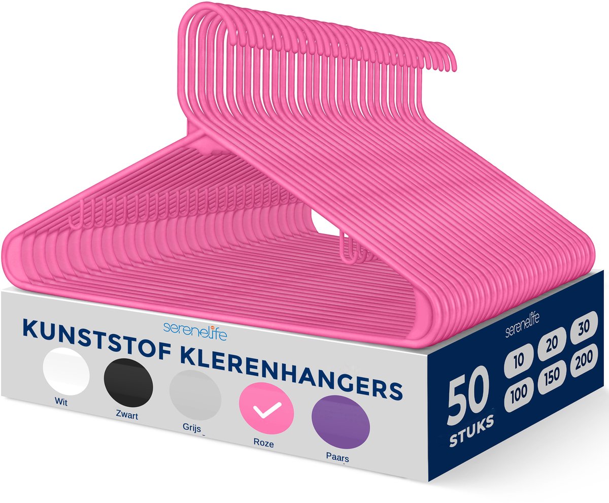 SereneLife Kleerhanger - 50 Stuks Plastic Hangers - Antislip Ruimtebesparende Kledinghangers - Duurzaam en Sterk voor Hemden, Truien, Hoodies, Kinderkleding en Jurken - Lichtgewicht - Roze