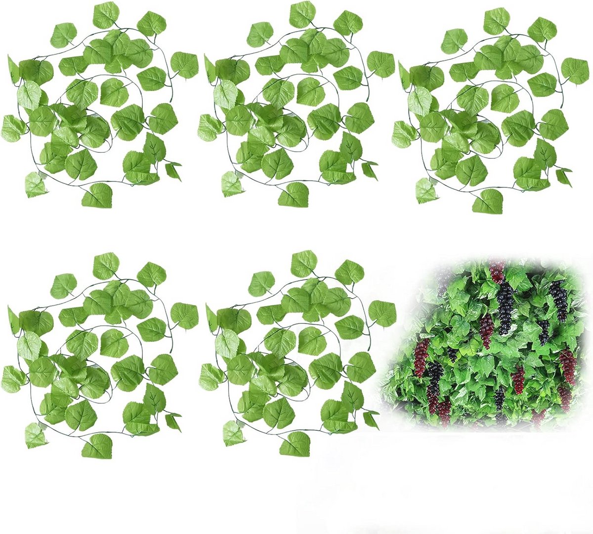 E-Ambar - Set van 5 Kunst Hangplanten Druivenranken - Decoratieve Kunstklimopslinger voor Binnen en Buiten - Groene Bladeren - Muurdecoratie
