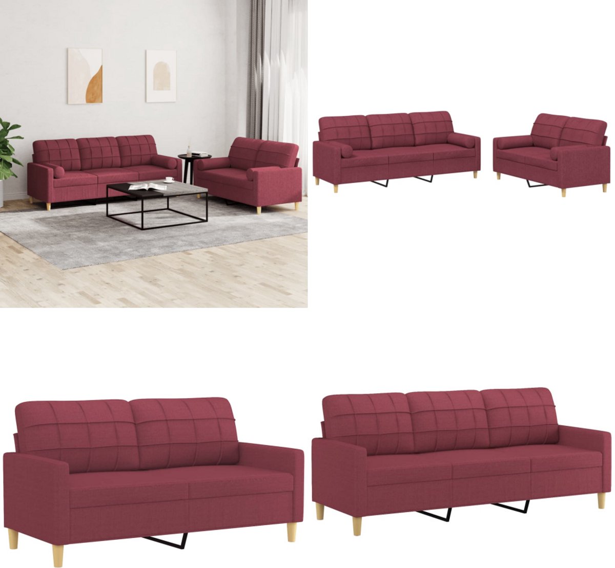 VidaXL 2-delige Loungeset met kussens stof wijnrood Bankstel Bankstellen Fauteuil 2-zitsbank
