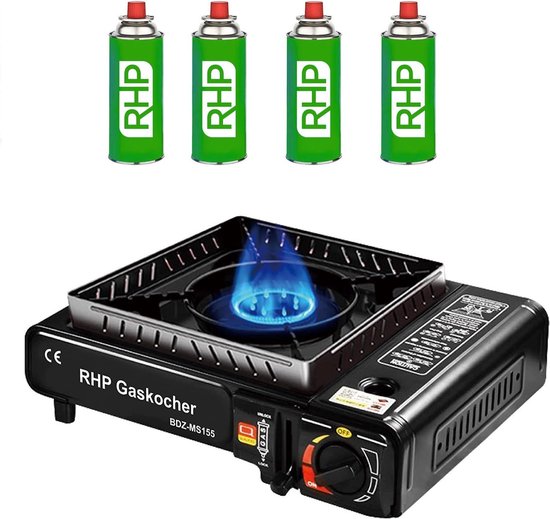 RHP Outdoor gasfornuis, campingkooktoestel, gasfornuis, kookplaat met 28 bajonetgaspatronen, voor kamperen, reizen, vakantie, wandelen, picknick, tuin, met praktische koffer, tot 30% minder