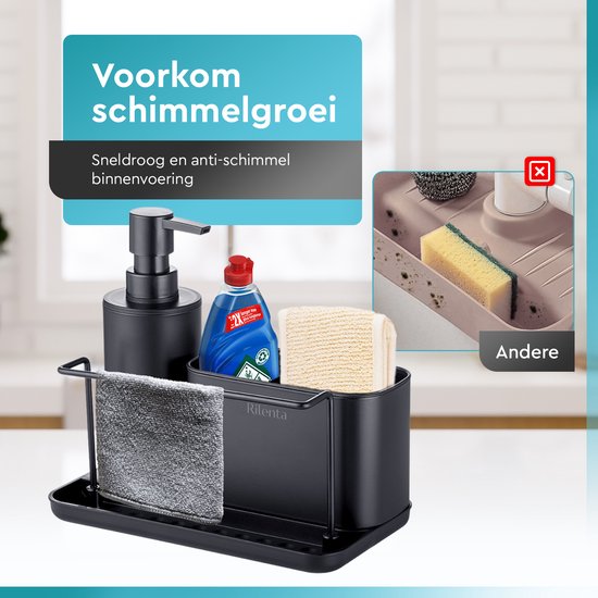 Rilenta® Organiseur de comptoir et de Cuisine avec porte-torchon et distributeur de savon - Chiffon de nettoyage inclus - Égouttoir - Support d'évier pratique pour torchons et Essuies de vaisselle - Organiseur de meuble d'évier - Zwart mat