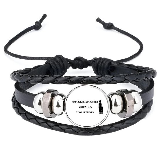 Bracelet en cuir noir avec breloque. Texte : Grand-mère & Petite-fille Amies Pour la Vie. Silhouette de grand-mère avec enfant.