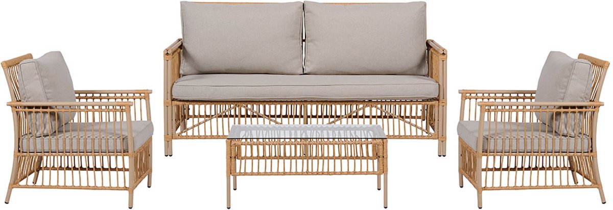 Neel sofaset polyrattan 4 delen met kussens natuur.