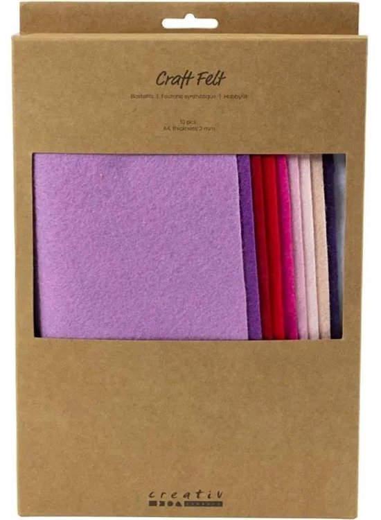 Kartonnen verpakking met een venster waar 10 vellen A4-vilt in liggen. Kleuren: paars, roze, rood en beige.