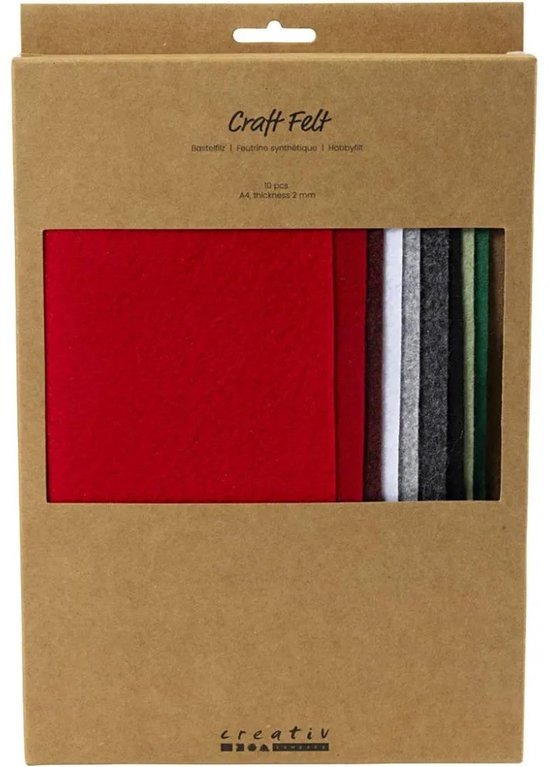Pakket A4 knutselvilt met 10 vellen in diverse kleuren: rood, bruinrood, wit, lichtgrijs, donkergrijs, zwart, lichtgroen, donkergroen en bruin.