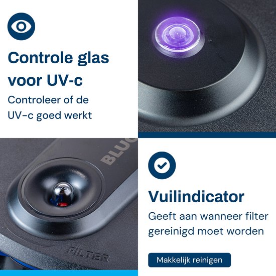 Close-up van de drukfilter met UV controle glas dat paars licht uitstraalt en een vuilindicator.