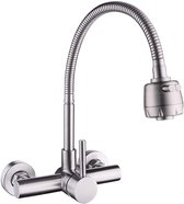 KOPYFANTAP Wandmontage Keukenkraan Messing Antiek, dubbele handgreep wastafelarmatuur brons, 360° draaibaar retro wastafelarmatuur muur voor badkamer keuken, 25 cm uitloop