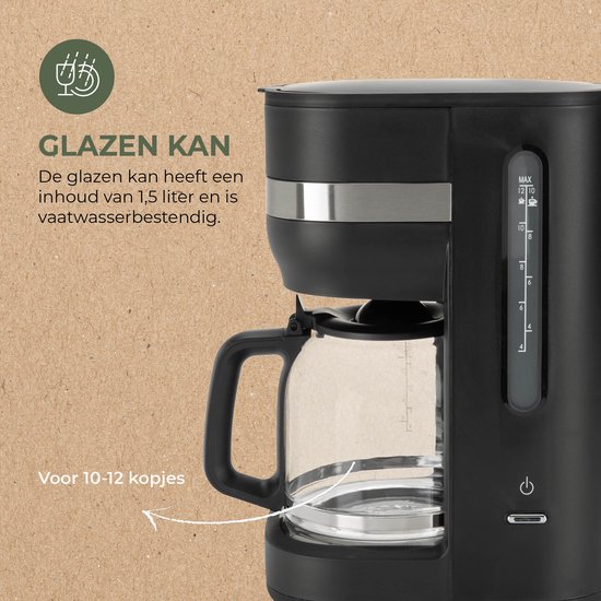 Cafetière Bourgini Elements – 1,5 L (10 à 12 tasses) – Plaque chauffante – Arrêt automatique – Lavable au lave-vaisselle – 50 % de matériaux recyclés (certifié GRS)